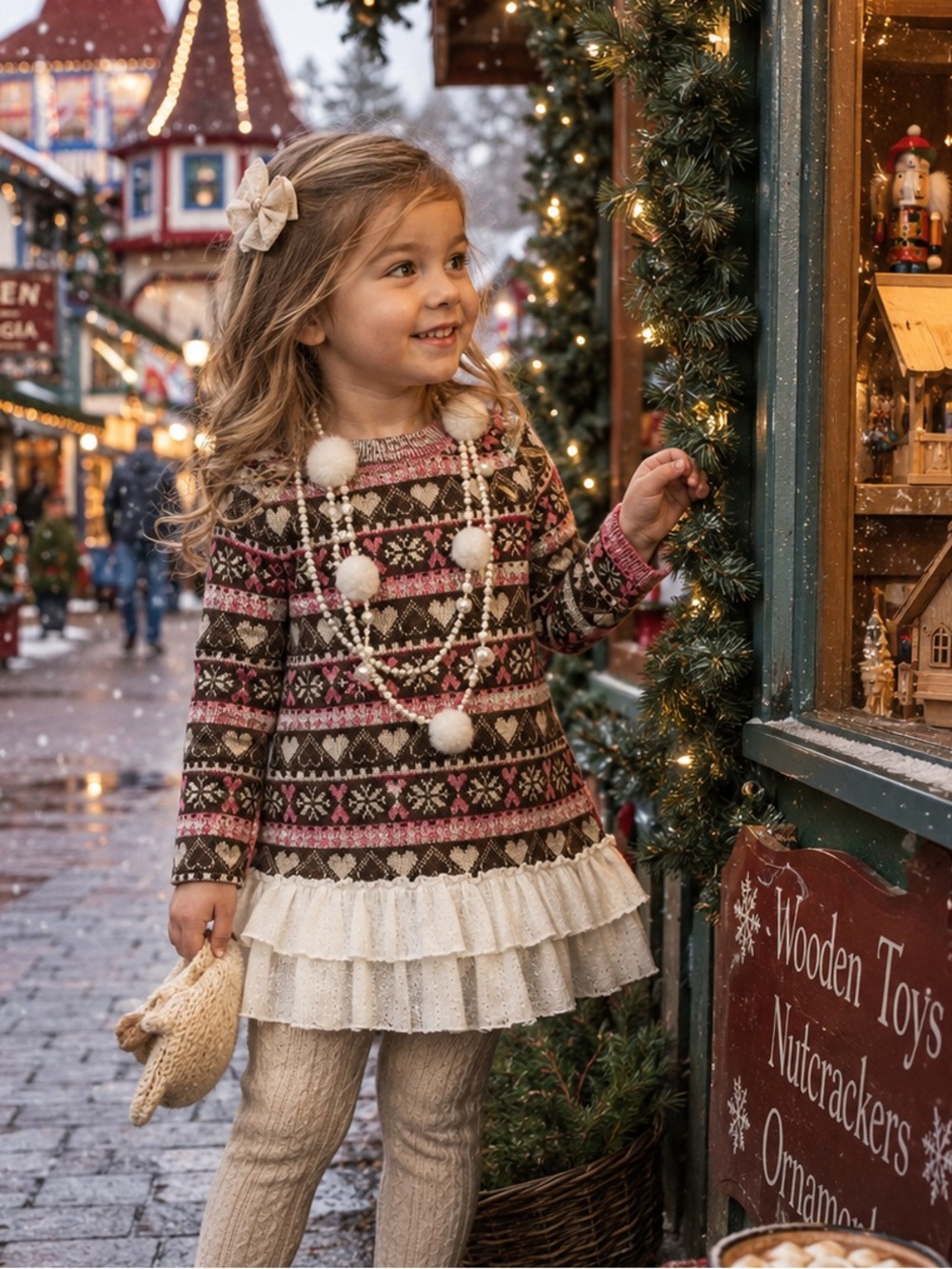 Little‎ Mass Girls Fair Isle Sweater Top Pink Brown Hearts Pom Pom Necklace 4